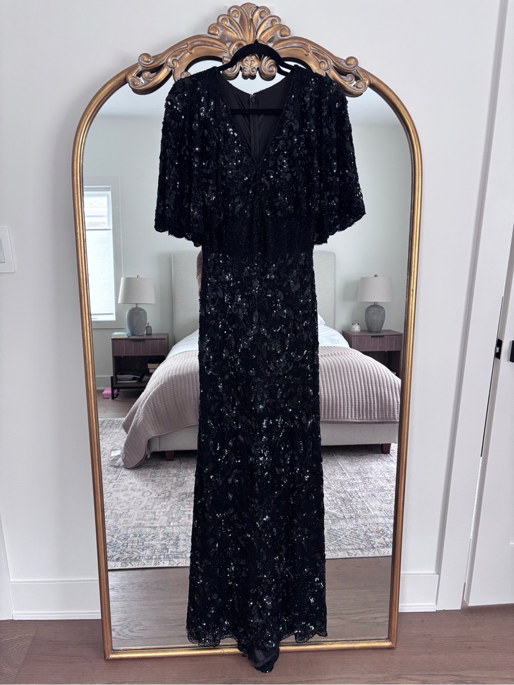Mac Duggal Black Sequin Maxi Gown with Cape Sleeves